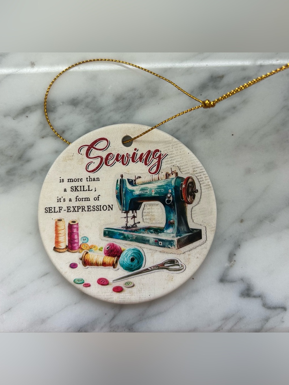 Sewing Machine Holiday Ornament - Teal and Multicolor